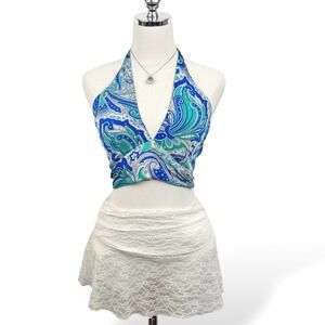 EYA Collection Silk Halter Top Reversible Paisley Tie Back Blue Green XS S M